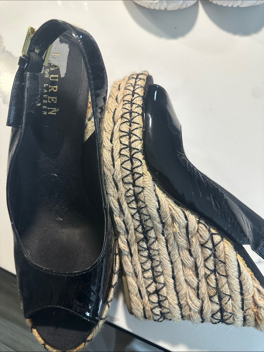 Lauren Ralph Lauren Black Patent Espadrille Wedge Sandals with Jute Wrap